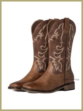 Womens Square Toe Cowboy Boots Mid Calf Faux Leather Western